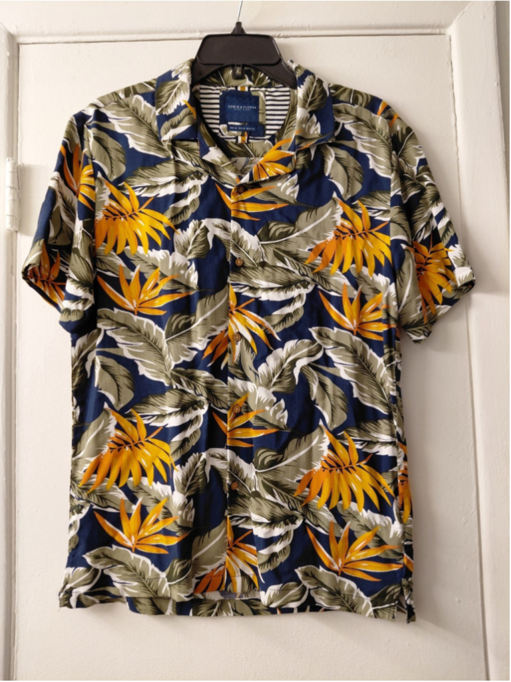 Men's Denim & Flower Button-Up Hawaiian Tropical Print Shirt Blue Size M